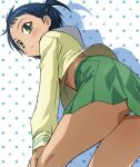  1girl ass blue_hair chu-bra!! closed_mouth green_eyes green_skirt haruyama_kazunori jinguuji_yako looking_at_viewer panties pleated_skirt polka_dot polka_dot_background skirt solo underwear upskirt 