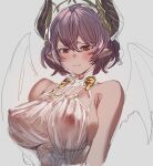  1girl areolae bare_shoulders blush bow_(bhp) breasts commentary covered_nipples cowboy_shot cropped_torso grea_(shingeki_no_bahamut) hair_between_eyes horns large_breasts manaria_friends nipples pointy_ears purple_hair red_eyes see-through shingeki_no_bahamut short_hair sketch solo white_background 