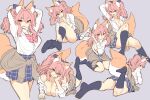  1girl animal_ear_fluff animal_ears arms_behind_back arms_up blue_legwear breasts cardigan cardigan_around_waist cleavage clothes_around_waist collarbone eyebrows_visible_through_hair fang fate/extella fate/extra fate/grand_order fate_(series) feet fox_ears fox_girl fox_tail highres jacket jacket_around_waist large_breasts lying on_stomach open_clothes open_mouth open_shirt panties pantyshot pink_hair school_uniform sitting skin_fang soles solo sweater sweater_around_waist tail tamamo_(fate) tamamo_jk_(fate) twintails unbuttoned underwear undone_necktie white_panties wisespeak yellow_eyes 