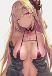  1girl bangs bare_shoulders bikini blonde_hair blush braid breast_hold breasts cleavage collarbone commentary_request dark-skinned_female dark_skin detached_sleeves eyebrows_visible_through_hair granblue_fantasy hair_ornament head_tilt heart helel_ben_shalem highres long_hair long_sleeves looking_at_viewer medium_breasts micro_bikini navel otsusou parted_lips pink_ribbon purple_bikini red_eyes revision ribbon simple_background solo swimsuit upper_body very_long_hair white_background 
