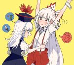  2girls :i arms_up bangs blue_dress blue_hair blue_headwear bow commentary dress flying_sweatdrops fujiwara_no_mokou hair_bow hands_on_another&#039;s_waist hat itomugi-kun kamishirasawa_keine knife long_hair multicolored_hair multiple_girls open_mouth pants red_bow red_eyes red_pants shirt short_sleeves simple_background spoken_object suspenders torn_clothes torn_sleeves touhou two-tone_hair upper_body white_bow white_hair white_shirt wrist_cuffs yellow_background 