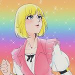  1girl bangs blonde_hair blouse blush clenched_hand commentary_request fabulous fabulous_secret_powers genderswap genderswap_(mtf) green_eyes highres looking_afar masters_of_the_universe open_mouth pink_vest prince_adam rainbow satsuki_(notsachiko) short_hair solo sparkle upper_body vest white_blouse 