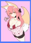  1girl :3 =3 animal_ear_fluff animal_ears black_ribbon blush bra breasts cleavage collarbone fate/extella fate/extra fate/extra_ccc fate/grand_order fate_(series) fox_ears fox_girl fox_tail large_breasts long_hair looking_at_viewer looking_up open_clothes open_shirt pink_background pink_bra pink_hair ribbon shirt simple_background solo striped striped_shirt tail tamamo_(fate) tamamo_no_mae_(fate/extra) totororo underwear yellow_eyes 