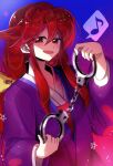  1girl asuku_(69-1-31) coat cuffs eyebrows_visible_through_hair hair_between_eyes hair_ribbon handcuffs highres japanese_clothes kimono kotohime_(touhou) layered_clothing layered_kimono long_hair long_sleeves looking_at_viewer low_tied_hair musical_note obi purple_kimono red_eyes red_hair ribbon sash smile star_(symbol) tied_hair touhou touhou_(pc-98) white_kimono wide_sleeves yellow_ribbon 