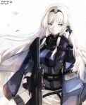  1girl an-94 an-94_(girls&#039;_frontline) assault_rifle bangs black_gloves black_hairband blue_eyes closed_mouth commentary eyebrows_visible_through_hair girls&#039;_frontline gloves gun hairband hand_in_hair hand_up highres holding holding_gun holding_weapon jacket long_hair looking_away looking_to_the_side nekoya_(liu) object_namesake purple_jacket revision rifle short_shorts shorts sidelocks solo trigger_discipline twitter_username very_long_hair weapon white_background white_hair white_shorts 