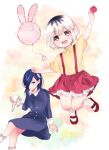  2girls :d absurdres apple arm_up balloon bangs blue_dress blue_hair boots breasts brown_eyes child dress eyebrows_visible_through_hair feet_up food fruit hair_over_one_eye heterochromia highres holding holding_food holding_fruit holding_skull jumping kaneki_ichika kirishima_touka knee_boots looking_at_viewer medium_breasts medium_hair mother_and_daughter multicolored multicolored_background multicolored_hair multiple_girls open_mouth red_eyes red_skirt shiny shiny_hair shirt shoes short_hair skirt skull smile socks suspenders tokyo_ghoul tokyo_ghoul:re toukaairab two-tone_hair upper_teeth white_legwear white_shirt yellow_shirt 