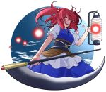  1girl breasts coin_on_string eichi_yuu hair_between_eyes hair_bobbles hair_ornament holding holding_scythe holding_weapon japanese_clothes lantern large_breasts looking_at_viewer o-ring obi onozuka_komachi puffy_short_sleeves puffy_sleeves red_eyes red_hair sash scythe shinigami short_hair short_sleeves touhou two_side_up weapon 