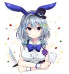  1girl alternate_costume animal_ears black_eyes blue_bow bow braid breasts card center_frills confetti crossed_arms eyebrows_visible_through_hair flower frills hair_between_eyes hair_ribbon hat highres impossible_clothes izayoi_sakuya knife large_breasts looking_at_viewer mini_hat purple_flower purple_rose rabbit_ears ribbon rose shiny shiny_hair short_hair silver_hair smile solo subaru_(subachoco) touhou tress_ribbon twin_braids wrist_cuffs 