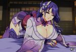  1girl armor bangs blurry blurry_background breasts bridal_gauntlets cleavage commentary_request english_commentary flower genshin_impact hair_ornament jadenkaiba japanese_clothes kimono large_breasts long_hair long_sleeves looking_at_viewer mitsudomoe_(shape) mixed-language_commentary obi obiage obijime open_mouth purple_eyes purple_flower purple_hair purple_sleeves raiden_shogun ribbon sash shoulder_armor solo tassel thighhighs tomoe_(symbol) wide_sleeves 
