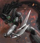  black_getter black_scarf chaboex clenched_hand getter_robo highres leaning_forward looking_to_the_side mecha no_humans open_hand orange_eyes scarf science_fiction shin_getter_robo solo spikes super_robot 