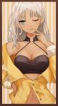  1girl ;) absurdres bangs bare_shoulders black_choker black_shirt blue_eyes breasts bustier choker cleavage crop_top dark-skinned_female dark_skin earrings hand_on_hip highres jacket jewelry kushinaka long_hair long_sleeves looking_at_viewer medium_breasts navel nijisanji o-ring o-ring_top off_shoulder one_eye_closed open_clothes open_jacket shirt single_earring smile solo tan todoroki_kyouko virtual_youtuber white_hair white_nails yellow_jacket 