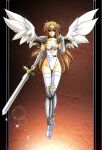  1girl angel angel_wings armor ass_visible_through_thighs black_border blue_eyes border breasts brown_hair choker cleavage closed_mouth collarbone covered_navel feathered_wings frown full_body highleg highleg_leotard hikaru_(mikan0407) holding holding_sword holding_weapon langrisser lens_flare leotard long_hair looking_at_viewer medium_breasts pillarboxed purple_choker shiny shiny_hair shoulder_armor solo sparkle straight_hair strapless strapless_leotard sword thigh_gap thighhighs v-shaped_eyebrows very_long_hair weapon white_legwear white_leotard white_wings wings 