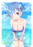  1girl beach bikini blue_eyes blue_hair blush breasts cleavage hair_ornament highres horizon large_breasts looking_at_viewer pink_ribbon re:zero_kara_hajimeru_isekai_seikatsu rem_(re:zero) ribbon shi-2 short_hair solo swimsuit x_hair_ornament 