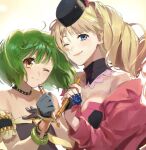  2girls ;) arm_strap black_headwear blonde_hair blue_eyes breasts brown_eyes cleavage closed_mouth collar floating_hair gloves green_hair grey_gloves hat highres holding holding_microphone long_hair looking_at_viewer macross macross_frontier medium_breasts microphone mini_hat multiple_girls one_eye_closed pote-mm ranka_lee sheryl_nome shiny shiny_hair simple_background smile strapless twintails upper_body white_background 