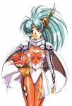 1girl angelina_(langrisser) aqua_hair ass_visible_through_thighs blue_lips bodysuit breasts cape circlet cleavage cleavage_cutout clothing_cutout commentary_request dark_persona head_tilt highleg highleg_leotard hikaru_(mikan0407) langrisser langrisser_iv leotard long_hair looking_at_viewer magic medium_breasts nail_polish orange_bodysuit parted_lips purple_nails red_eyes shiny shiny_hair simple_background skin_tight solo standing thigh_gap urushihara_satoshi_(style) very_long_hair white_background white_cape white_leotard 
