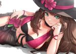  breasts brown_hair choker cleavage dorothea_arnault fire_emblem flowers gonzarez green_eyes hat long_hair navel skirt 