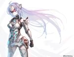  1girl android bare_shoulders blue_hair breasts elbow_gloves expressionless forehead_protector gloves highres kos-mos kos-mos_re: large_breasts leotard long_hair looking_at_viewer mutomorokoshi red_eyes simple_background solo standing thighhighs very_long_hair white_leotard xenoblade xenoblade_chronicles_(series) xenoblade_chronicles_2 xenosaga 