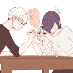  1boy 2girls absurdres anger_vein arm_hug arm_wrestling bangs black_eyes black_shirt blush breasts closed_eyes closed_mouth family father_and_daughter from_side grey_background grey_shirt hair_bun hair_over_one_eye heterochromia highres husband_and_wife kaneki_ichika kaneki_ken kirishima_touka large_breasts looking_at_another mother_and_daughter multicolored_hair multiple_girls no_eyes profile purple_hair red_eyes shirt short_hair simple_background smile speech_bubble table tokyo_ghoul tokyo_ghoul:re toukaairab translation_request two-tone_hair white_hair 