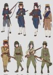  6+girls ammunition_pouch backpack bag bayonet belt boots braid canteen chin_strap gun hat helmet highres holding holding_gun holding_weapon japan knife long_hair long_sleeves military military_uniform multiple_girls original pouch red_eyes rifle rifle_on_back ryuukihei_rentai sling soldier uniform weapon world_war_i world_war_ii 