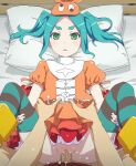  1boy 1girl aqua_hair bed_sheet censored clothed_sex commentary_request emotionless_sex expressionless green_eyes green_legwear hat hetero lying missionary monogatari_(series) mosaic_censoring no_panties on_back ononoki_yotsugi penis pillow pov pussy revision sex solo_focus striped striped_legwear thighhighs tomu_(tomubobu) torso_grab twintails vaginal 