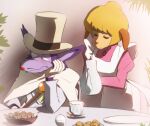  1980s_(style) 1boy 1girl animal_ears animal_nose apron blonde_hair brooch cape closed_mouth dog_ears dog_girl dress food formal furry furry_female gloves hair_bun haruyama_kazunori hat jewelry marie_hudson meitantei_holmes professor_moriarty_(meitantei_holmes) puffy_sleeves retro_artstyle short_hair smile suit top_hat white_gloves 