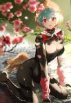  1girl ayanami_rei black_bodysuit blurry blurry_foreground blush bodysuit branch breasts cat cherry_blossoms commentary dappled_sunlight day evangelion:_3.0+1.0_thrice_upon_a_time eyebrows_visible_through_hair flower full_body grass hair_between_eyes hat highres isobe47 light_blue_hair looking_at_viewer medium_breasts neon_genesis_evangelion open_mouth outdoors plugsuit rebuild_of_evangelion red_eyes rice_hat rice_paddy short_hair sitting skin_tight solo straw_hat stretch sunlight water 