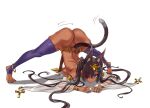  1girl animal_ears asanagi ass blue_eyes cat_ears cat_tail dark_skin egyptian eyebrows_visible_through_hair fang hair_ornament hairpin heterochromia jack-o&#039;_challenge jewelry original red_eyes simple_background smile solo tail topless twintails white_background 