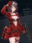  1girl :o absurdres artist_name belt black_choker breasts brown_hair choker cleavage eyebrows_visible_through_hair eyewear_on_head girls&#039;_frontline gloves gun hand_in_hair highres holding holding_weapon jacket lithographica looking_at_viewer medium_breasts medium_hair open_clothes open_jacket open_mouth pm-06 pm-06_(girls&#039;_frontline) red_eyes red_gloves red_jacket red_shorts shorts solo standing submachine_gun weapon 