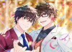  2boys ace_of_diamond brown_eyes brown_hair commentary_request confetti couple formal glasses highres husband_and_husband male_focus miyuki_kazuya multiple_boys necktie open_mouth petals red_suit sawamura_eijun short_hair smile suit terarenai wedding white_suit yaoi 