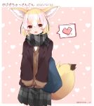  1girl :3 :d animal_ear_fluff animal_ears bangs black_coat blonde_hair border brown_cardigan brown_eyes cardigan casual coat commentary cowboy_shot dated eeeee_m fennec_(kemono_friends) fox_ears fox_tail grey_scarf grey_skirt heart highres kemono_friends looking_at_viewer miniskirt open_mouth outside_border pink_background plaid plaid_scarf plaid_skirt pleated_skirt polka_dot polka_dot_background scarf short_hair skirt smile solo spoken_heart standing tail translated twitter_username white_border 