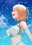  1girl :d absurdres ahoge aqua_bow bare_shoulders bathing bikini blonde_hair blue_sky blush bow breasts cleavage closed_eyes cloud day fate/grand_order fate_(series) hair_bow highres light_rays matsuba_moco medium_breasts navel okita_souji_(fate)_(all) okita_souji_(swimsuit_assassin)_(fate) open_mouth outdoors partially_submerged short_hair short_ponytail skindentation sky smile solo sparkle stomach sunbeam sunlight swimsuit upper_body water white_bikini 