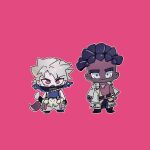  2boys black_hair blue_eyes brain-choco chibi chipp_zanuff dark_skin guilty_gear guilty_gear_strive hairlocs highres multiple_boys nagoriyuki pale_skin pink_background red_eyes samurai short_hair vampire 