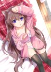 1girl :p animal_ear_fluff animal_ears arm_up bangs black_legwear breasts brown_hair cat_ears cat_girl cat_tail cleavage closed_mouth collarbone commentary_request drawstring dutch_angle eyebrows_visible_through_hair frilled_pillow frills hair_between_eyes hand_up hood hood_down hooded_jacket jacket long_hair long_sleeves looking_at_viewer lying medium_breasts nail_polish on_back original panties pillow pink_jacket pink_nails plaid_pillow puffy_long_sleeves puffy_sleeves purple_eyes revision romaji_commentary sleeves_past_wrists smile solo tail thighhighs tongue tongue_out tukino_neru underwear very_long_hair white_panties 