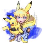  1girl apex_legends bangs black_eyes blue_eyes blue_jacket bodysuit crossover eyebrows_visible_through_hair gen_1_pokemon highres holding holding_pokemon hood hooded_jacket jacket one_eye_closed pikachu pokemon pokemon_(creature) power_connection pyure_(pyure0729) ribbed_bodysuit smile solo_focus upper_body wattson_(apex_legends) white_bodysuit yellow_bodysuit 