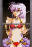  1girl against_glass armlet armor bangs bikini bikini_armor breasts circlet cleavage collarbone commentary_request cowboy_shot from_outside green_eyes hair_between_eyes hikaru_(mikan0407) legend_of_lemnear lemnear long_hair looking_at_viewer medium_breasts navel parted_lips pink_hair ponytail red_bikini side_ponytail solo standing straight-on swimsuit urushihara_satoshi_(style) very_long_hair 