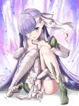  1girl bandage_over_one_eye bandaged_arm bandaged_head bandaged_leg bandages bangs blush breasts fate/extra fate/extra_ccc fate/extra_ccc_fox_tail fate_(series) giant giantess highres kingprotea_(fate) knees_up legs long_hair looking_at_viewer moss naked_bandage parted_lips purple_eyes purple_hair sitting small_breasts tyone very_long_hair 