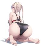  1girl ass ass_focus back bangs bare_arms bare_legs bare_shoulders barefoot blonde_hair blush breasts commentary_request competition_swimsuit eyebrows_visible_through_hair feet from_behind graf_zeppelin_(kancolle) grey_eyes highleg highleg_swimsuit highres kantai_collection kneeling large_breasts looking_at_viewer looking_back multicolored multicolored_clothes multicolored_swimsuit one-piece_swimsuit open_mouth revision rokuwata_tomoe simple_background soles solo swimsuit toes tsurime twintails two-tone_swimsuit white_background 