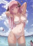  1girl arms_behind_head arms_up ass_visible_through_thighs bikini black_bikini breasts bug butterfly cloud collarbone cowboy_shot crop_top day front-tie_top go-toubun_no_hanayome hair_ribbon halter_top halterneck highres large_breasts long_hair looking_at_viewer marinesnow nakano_nino navel outdoors parted_lips pink_hair purple_eyes ribbon see-through short_sleeves side-tie_bikini smile solo standing stomach string_bikini sunlight swimsuit tan tanlines two_side_up wading water wet wet_clothes 