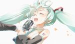  1girl aqua_hair bangs bare_shoulders black_sleeves blue_neckwear blush chromatic_aberration closed_eyes collared_shirt commentary hatsune_miku holding holding_microphone long_hair long_sleeves microphone naruse_chisato open_mouth outstretched_arm shirt simple_background sleeveless sleeveless_shirt solo tears twintails upper_teeth vocaloid white_background white_shirt wide_sleeves 