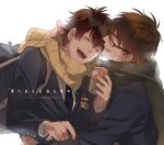  2boys ace_of_diamond bag blush brown_hair closed_eyes coffee couple cup glasses holding holding_cup hug male_focus miyuki_kazuya multiple_boys open_mouth sawamura_eijun scarf school_bag school_uniform shibakitsu_0121 short_hair smile teeth upper_body yaoi 