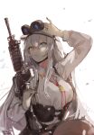  1girl absurdres black_nails dated dokuro_deluxe eyewear_on_head fang grey_eyes grey_hair gun highres holding holding_gun holding_weapon hololive long_hair machine_gun night_vision_device pantyhose shirt shishiro_botan signature virtual_youtuber weapon white_shirt 