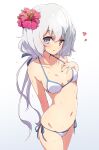  1girl bikini blue_ribbon breasts collarbone commentary_request eyebrows_visible_through_hair flower gradient gradient_background grey_background grey_eyes hair_flower hair_ornament hair_ribbon heart highres konno_junko light_smile long_hair looking_at_viewer medium_breasts mel_(melty_pot) navel ribbon side-tie_bikini solo sweat swimsuit white_bikini white_hair zombie_land_saga 