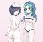  2girls anchor_print ass bangs black_eyes black_hair black_panties blue_capelet blue_hair blush bottle breasts capelet chest_strap closed_mouth colored_skin commentary_request completely_nude cookie_(touhou) cowboy_shot eyebrows_visible_through_hair flour_(cookie) hat holding holding_bottle hood hood_up kumoi_ichirin looking_at_viewer looking_back medium_breasts medium_hair milk milk_(cookie) milk_bottle multiple_girls murasa_minamitsu nipples nude open_mouth panties pink_background sailor_hat short_hair simple_background smile torn_capelet touhou underwear white_skin yma 