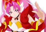  1girl akagi_towa breasts cleavage closed_mouth collarbone cure_scarlet detached_sleeves earrings fighting_stance fuchi_(nightmare) go!_princess_precure hair_intakes jewelry large_breasts long_hair looking_at_viewer magical_girl pink_hair precure quad_tails red_eyes red_sleeves simple_background solo upper_body white_background 