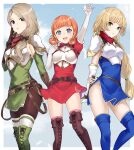  3girls annette_fantine_dominic armor bangs blonde_hair blue_dress blue_eyes blue_footwear blue_hair blue_sky blunt_bangs boots border braid breastplate breasts brown_footwear brown_gloves brown_legwear catria_(fire_emblem) catria_(fire_emblem)_(cosplay) cosplay cross-laced_clothes day dress elbow_gloves est_(fire_emblem) est_(fire_emblem)_(cosplay) feet_out_of_frame fingerless_gloves fire_emblem fire_emblem:_three_houses gloves green_dress green_eyes green_footwear hair_over_shoulder hair_rings hand_on_own_face haru_(nakajou-28) highres ingrid_brandl_galatea long_hair low_ponytail mercedes_von_martritz multiple_girls orange_hair outdoors outside_border palla_(fire_emblem) palla_(fire_emblem)_(cosplay) pantyhose purple_eyes red_dress short_dress short_hair short_sleeves shoulder_armor side_slit single_braid sky small_breasts standing thigh_boots thighhighs thighhighs_over_pantyhose thighhighs_under_boots waving white_border white_gloves white_legwear 