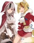  2girls :d animal_ear_fluff animal_ears belt belt_buckle belt_pouch black_hair blonde_hair blush buckle cape closed_mouth corset cowboy_shot cropped_jacket ears_down fangs fire_emblem fire_emblem_fates fox_ears fox_girl fox_tail frilled_shirt frills fur_collar hair_ornament hand_on_own_arm haru_(nakajou-28) highres hood hood_up hooded_cape jacket japanese_clothes long_hair long_sleeves miniskirt multicolored_hair multiple_girls obi open_clothes open_jacket open_mouth pouch red_cape red_eyes red_hair red_jacket red_ribbon red_skirt ribbon sash selkie_(fire_emblem) shirt short_hair silver_hair simple_background skirt smile streaked_hair stuffed_animal stuffed_toy tail tassel teddy_bear two-tone_hair underbust upper_teeth velouria_(fire_emblem) white_background white_shirt wolf_ears wolf_girl wolf_tail 