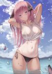  1girl arms_behind_head arms_up ass_visible_through_thighs bikini black_bikini breasts bug butterfly cloud collarbone cowboy_shot crop_top day front-tie_top go-toubun_no_hanayome hair_ribbon halter_top halterneck highres large_breasts long_hair looking_at_viewer marinesnow nakano_nino navel outdoors parted_lips pink_hair purple_eyes ribbon see-through shirt short_sleeves side-tie_bikini smile solo standing stomach string_bikini sunlight swimsuit tan tanlines tied_shirt two_side_up wading water wet wet_clothes wet_shirt white_shirt 