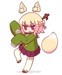  1girl animal_ear_fluff animal_ears bangs bell blonde_hair blush collar commentary detached_ears detached_tail eyebrows_visible_through_hair floating fox_ears fox_girl fox_tail green_shirt hair_between_eyes hair_bun hair_ornament hair_stick hands_up highres jingle_bell kemomimi-chan_(naga_u) long_hair looking_at_viewer naga_u neckerchief open_mouth original pleated_skirt red_collar red_eyes red_footwear red_skirt sailor_collar shirt sidelocks simple_background skirt sleeves_past_fingers sleeves_past_wrists solo standing standing_on_one_leg tail thighhighs v-shaped_eyebrows white_background white_legwear white_sailor_collar yellow_neckwear zettai_ryouiki zouri 