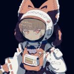  1girl astronaut bangs black_background blue_neckwear bow brown_hair hair_tubes hakurei_reimu helmet lowres red_bow red_eyes sokura_(mochichitose) space_helmet touhou upper_body 