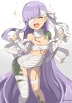  1girl bandage_over_one_eye bandaged_arm bandaged_head bandaged_leg bandages bangs blush breasts closed_eyes fate/extra fate/extra_ccc fate/extra_ccc_fox_tail fate_(series) giant giantess kingprotea_(fate) long_hair moss naked_bandage open_mouth purple_hair small_breasts smile solo sparkle thighs tyone very_long_hair 